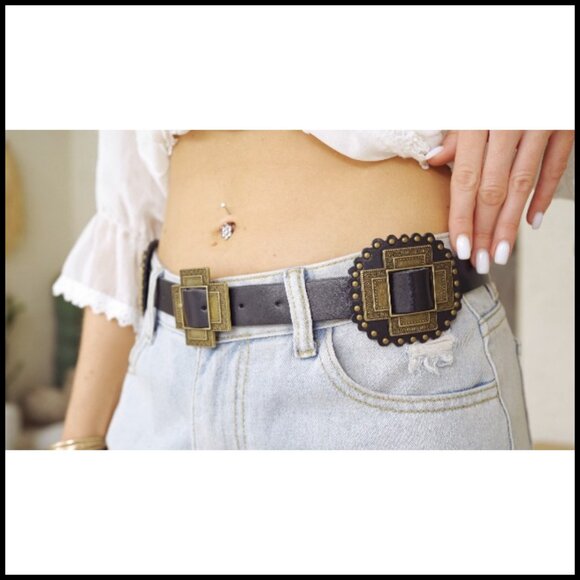 Western Concho Belt Leather Cowgirl Wide Boho Belt for Dresses Jeans